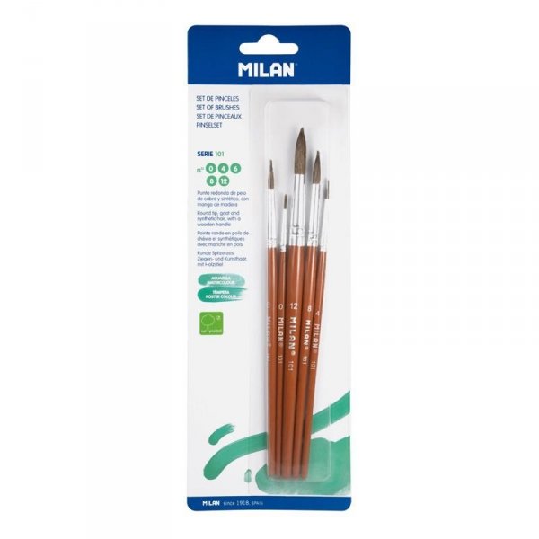 Milan 10461 Blister pack 5 round brushes (goat &amp; synthetic hair) 101 series no 0, 4,6, 8 and 12