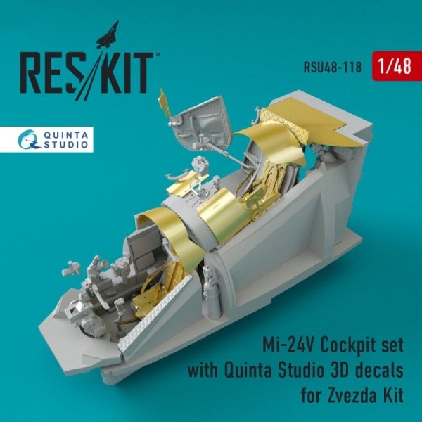 RESKIT RSU48-0118 Mi-24 V Cockpit set with Quinta Studio 3D decals for Zvezda kit 1/48