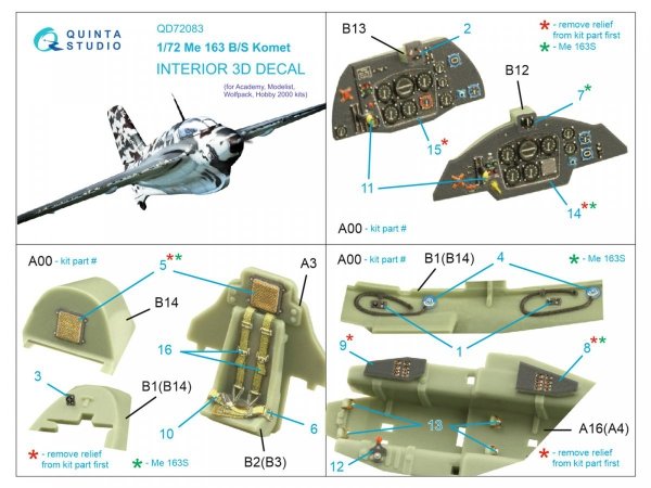 Quinta Studio QD72083 Me 163 3D-Printed &amp; coloured Interior on decal paper (Academy) 1/72