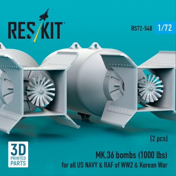 RESKIT RS72-0548 MK.36 bombs (1000 lbs) for all US NAVY &amp; RAF of WW2 &amp; Korean War (2 pcs) (3D Printed) 1/72