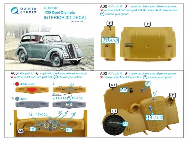 Quinta Studio QD35082 1937 Opel Olympia 3D-Printed &amp; coloured Interior on decal paper (Bronco) 1/35