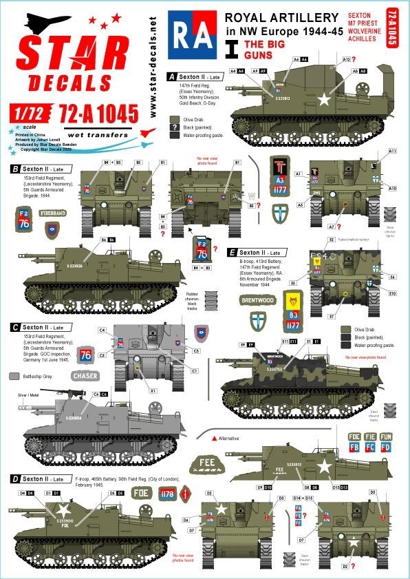 Star Decals 72-A1045 Royal Artillery # 1. 75th D-Day Special. The Big Guns - Sexton, Priest, Wolverine and Achilles 1/72