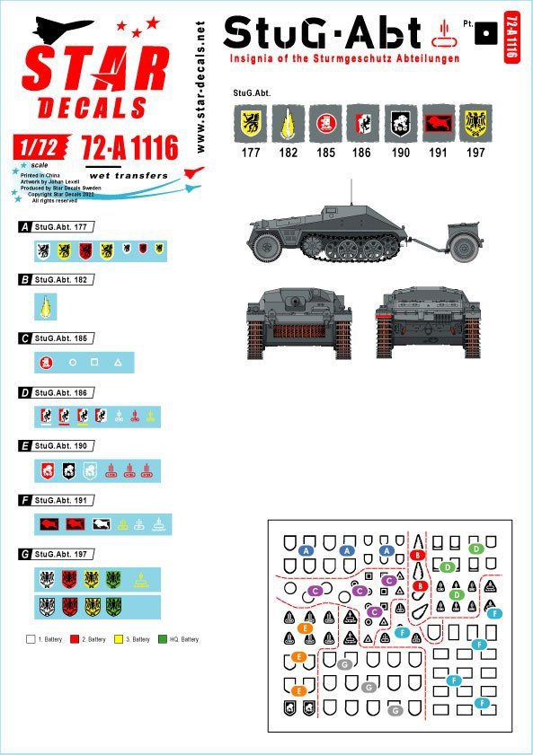 Star Decals 72-A1116 StuG-Abt #1 Generic insignia and unit markings for the Sturmgeschûtz units. StuG-Abt 177. 182, 185, 186, 190, 191, 197 1/72
