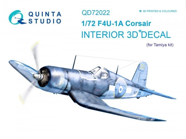 Quinta Studio QD72022 F4U-1A Corsair 3D-Printed &amp; coloured Interior on decal paper (for Tamiya kit) 1/72