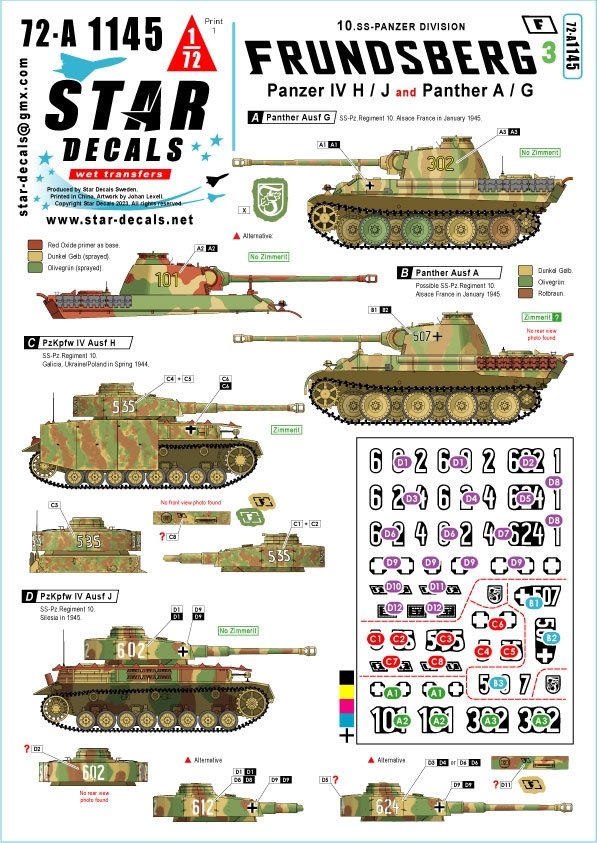 Star Decals 72-A1145 Frundsberg # 3. 10. SS-Panzer Division. PzKpfw IV Ausf H / J, and Panther Ausf A / G. 1/72