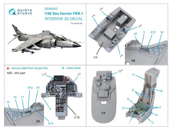 Quinta Studio QD48343 Sea Harrier FRS.1 3D-Printed &amp; coloured Interior on decal paper (Kinetic) 1/48