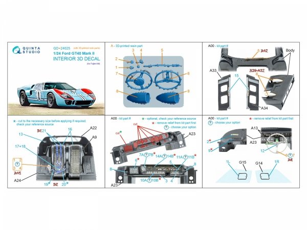 Quinta Studio QD+24025 Ford GT40 Mark II 3D-Printed &amp; coloured Interior on decal paper (Fujimi) (with 3D-printed resin parts) 1/24