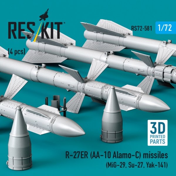 RESKIT RS72-0581 R-27ER (AA-10 Alamo-C) missiles (4 pcs) (MiG-29, Su-27, Yak-141) (3D Printed) (1/72)