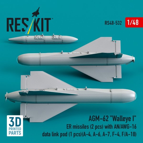 RESKIT RS48-0532 AGM-62 "Walleye I" ER missiles (2 pcs) with AN/AWG-16 data link pod (1 pcs) (A-4, A-6, A-7, F-4, F/A-18) (3D Printed) (1/48)