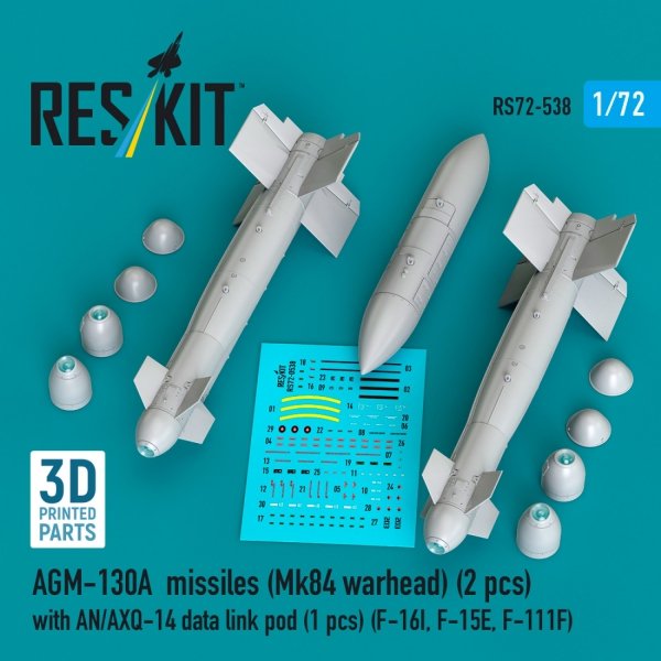 RESKIT RS72-0538 AGM-130A missiles (Mk84 warhead) (2 pcs) with AN/AXQ-14 data link pod (1 pcs) (3D Printed) 1/72
