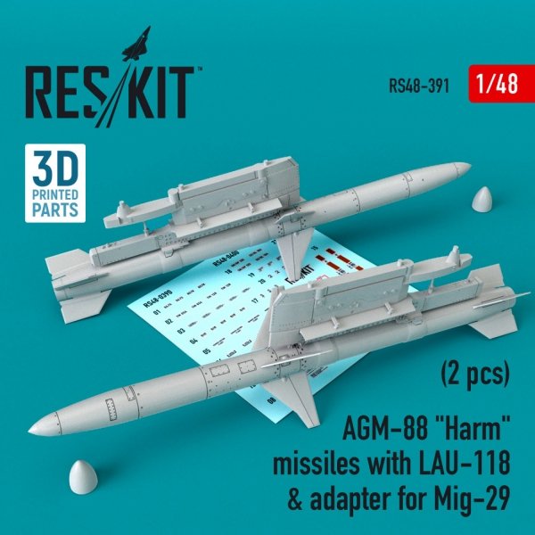 RESKIT RS48-0391 AGM-88 &quot;HARM&quot; MISSILES WITH LAU-118 &amp; ADAPTER FOR MIG-29 (2 PCS) 1/48