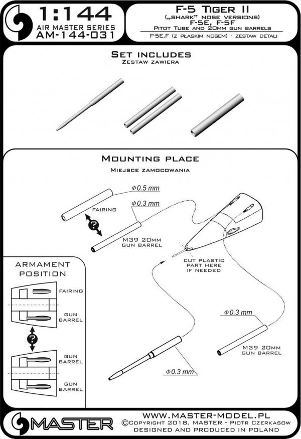 Master AM-144-031 F-5 Tiger II &quot;Freedom Fighter&quot; (wersja z płaskim nosem) - F-5A, E, F -zestaw detali- Rurka Pitota i lufy działek 20mm 1/144