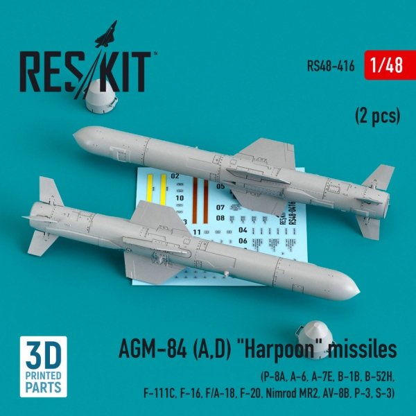 RESKIT RS48-0416 AGM-84 (A,D) &quot;HARPOON&quot; MISSILES (2 PCS) (3D PRINTED) 1/48