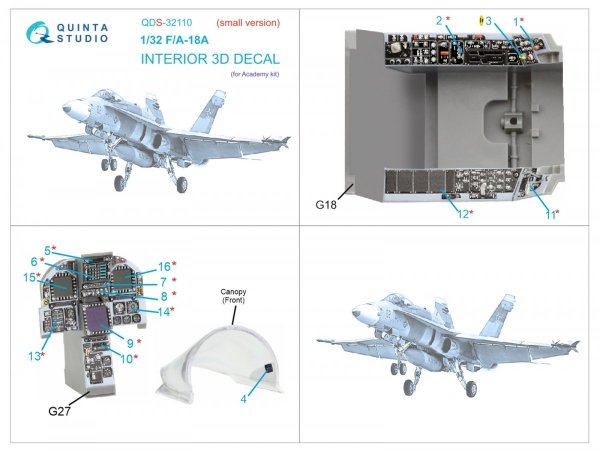 Quinta Studio QDS-32110 F/A-18A 3D-Printed &amp; coloured Interior on decal paper (Academy) (Small version) 1/32