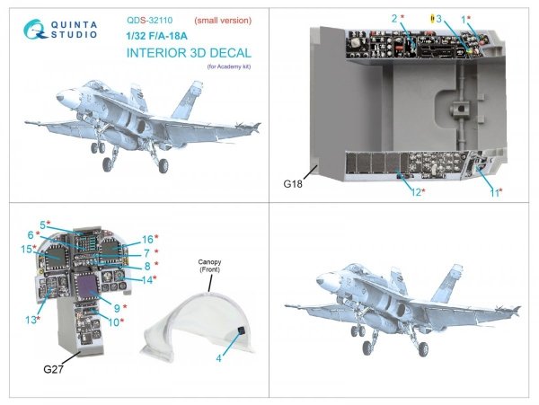 Quinta Studio QDS32110 F/A-18A 3D-Printed &amp; coloured Interior on decal paper (Academy) (Small version) 1/32