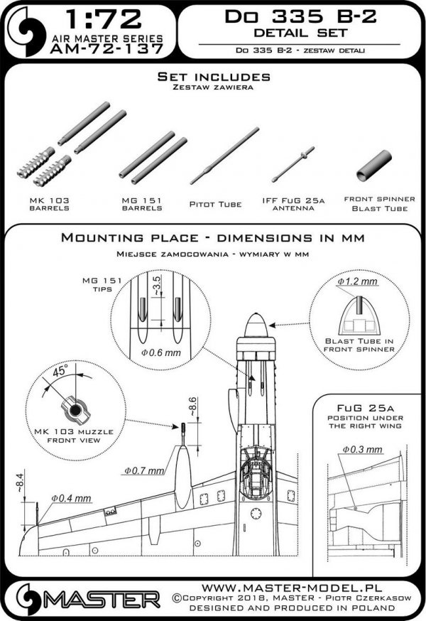 Master AM-72-137 Do 335 B-2 – zestaw detali – MG 151, końcówka MK-103, antena FuG 25a, rurka Pitota (1:72)