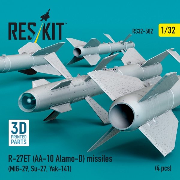 RESKIT RS32-0582 R-27ET (AA-10 Alamo-D) missiles (4 pcs) (MiG-29, Su-27, Yak-141) (3D Printed) (1/32)