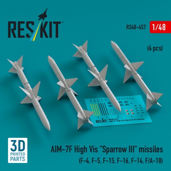 RESKIT RS48-0457 AIM-7F High Vis &quot;Sparrow III&quot; missiles (4 pcs) (3D Printed)  1/48