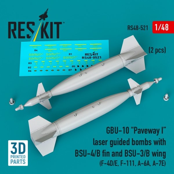 RESKIT RS48-0521 GBU-10 "Paveway I" laser guided bombs with BSU-4/B fin and BSU-3/B wing (2 pcs) (3D Printed) 1/48