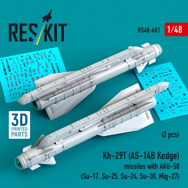 RESKIT RS48-0601 Kh-29T (AS-14B Kedge) missiles with AKU-58 (2 pcs) (Su-17, Su-25, Su-24, Su-30, Mig-27) (3D Printed) (1/48)