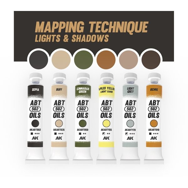 AK Interactive ABT303 Mapping Technique Lights and Shadows Set 6x20ml