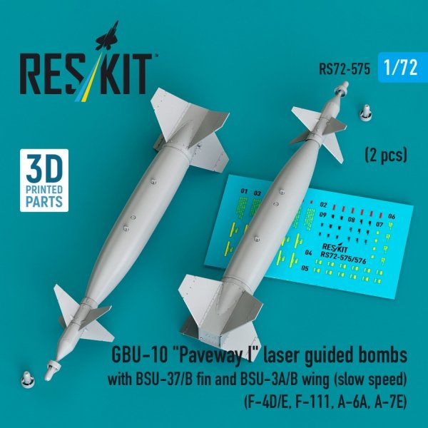 RESKIT RS72-0575 GBU-10 "Paveway I" laser guided bombs with BSU-37/B fin and BSU-3A/B wing (slow speed) (2 pcs) (3D Printed) 1/72