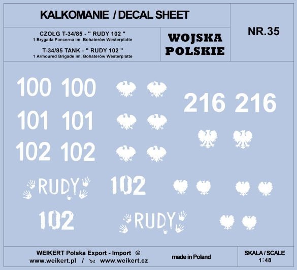Weikert Decals DEC235 WOJSKO POLSKIE - CZOŁG T-34/85, RUDY 102 i inne / 1 i 2 Armia Polska 1/48