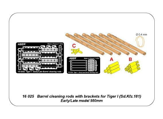 Aber 16025 Barrel cleaning rods with brackets for Tiger I – early/late (1:16)