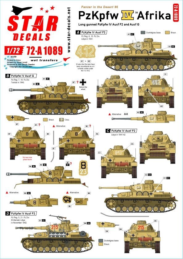 Star Decals 72-A1089 Panzer in the Desert # 6. PzKpfw IV Ausf F2 and G, in North Africa 1/72