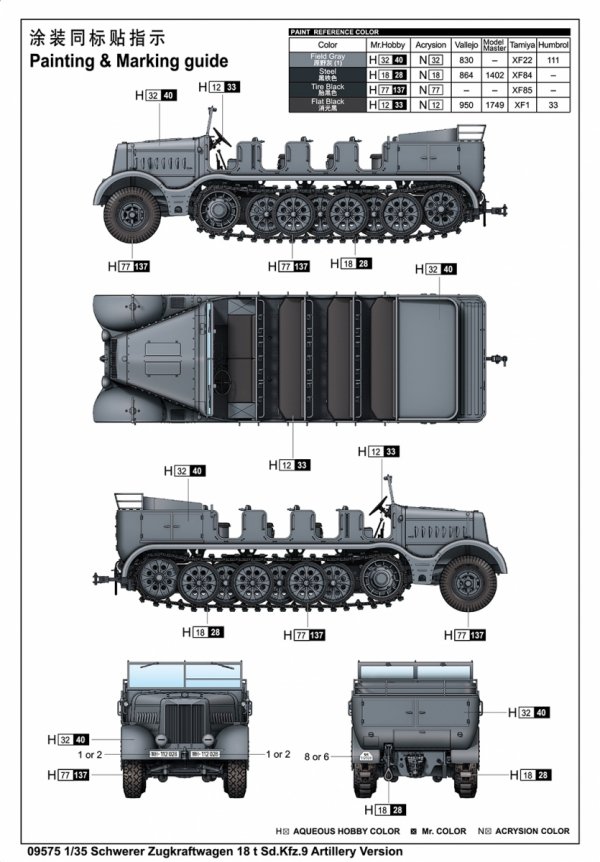 Trumpeter 09575 Schwerer Zugkraftwagen 18 t Sd.Kfz.9 Artillery Version 1/35