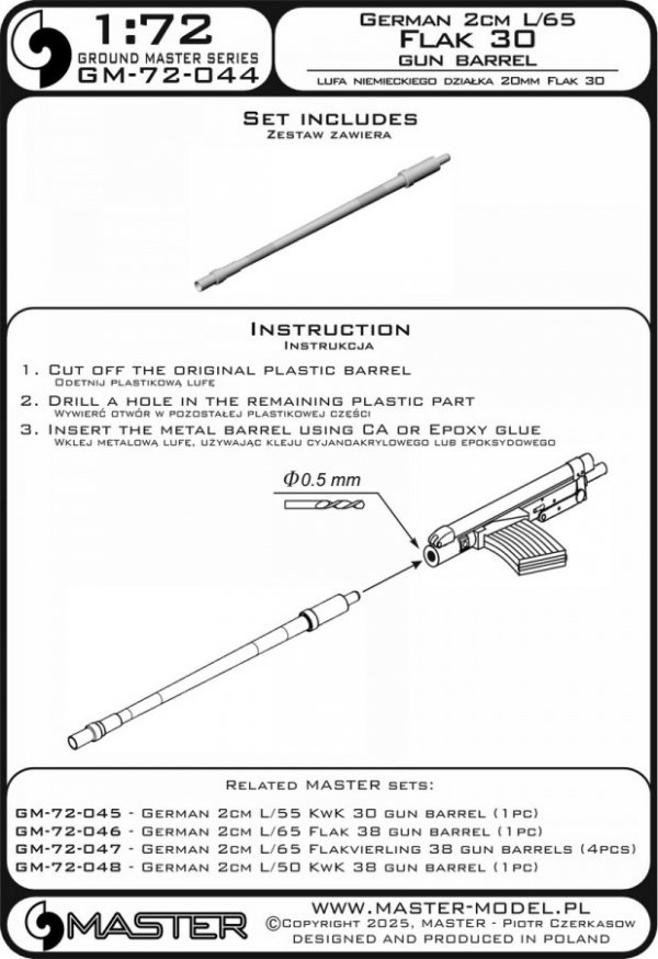Master GM-72-044 Lufa niemieckiego działka 2cm L/65 Flak 30 (1 szt.) 1/72