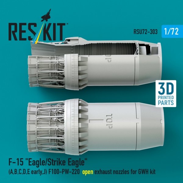 RESKIT RSU72-0303 F-15 "Eagle/Strike Eagle" (A,B,C,D,E early,J) F100-PW-220 open exhaust nozzles for GWH kit (3D Printed) 1/72