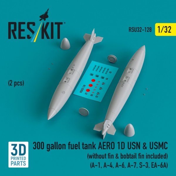 RESKIT RSU32-0128 300 gallon fuel tank AERO 1D USN &amp; USMC (2 pcs) (without fin &amp; bobtail fin included) (3D Printed) 1/32