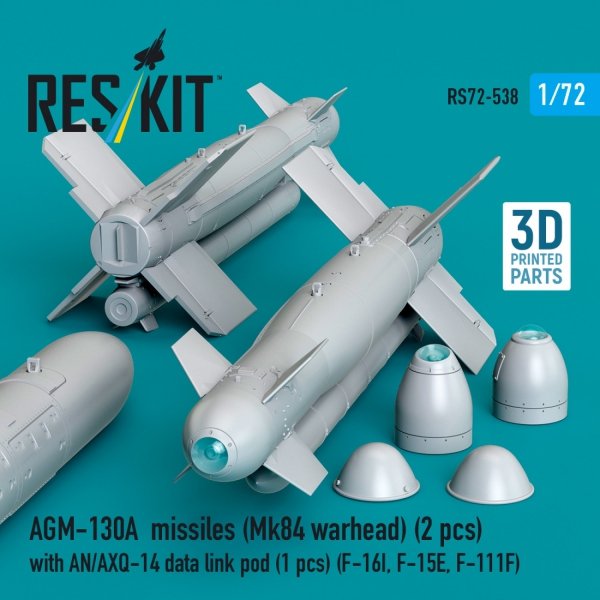 RESKIT RS72-0538 AGM-130A missiles (Mk84 warhead) (2 pcs) with AN/AXQ-14 data link pod (1 pcs) (3D Printed) 1/72