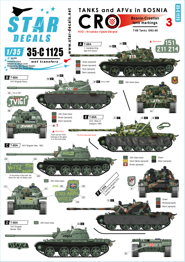 Star Decals 35-C1125 HVO - Hrvatsko Vijece Obrane (Croat). T-55 and T-55A 1992-95 1/35