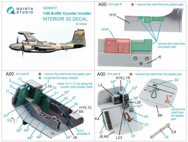 Quinta Studio QD48237 B-26K 3D-Printed &amp; coloured Interior on decal paper (ICM) 1/48