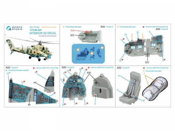 Quinta Studio QD+72184 Mi-24V 3D-Printed &amp; coloured Interior on decal paper (Hobby Boss/ARK Models) (with 3D-printed resin parts) 1/72