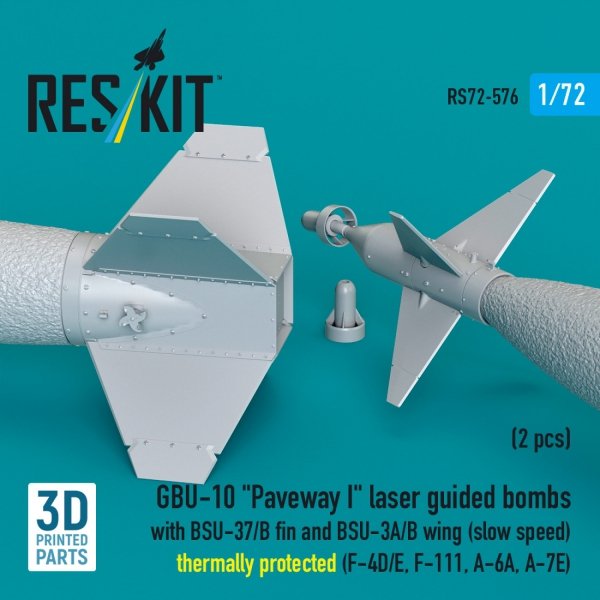 RESKIT RS72-0576 GBU-10 "Paveway I" laser guided bombs with BSU-37/B fin and BSU-3A/B wing (slow speed) thermally protected (2 pcs) (3D Printed) 1/72