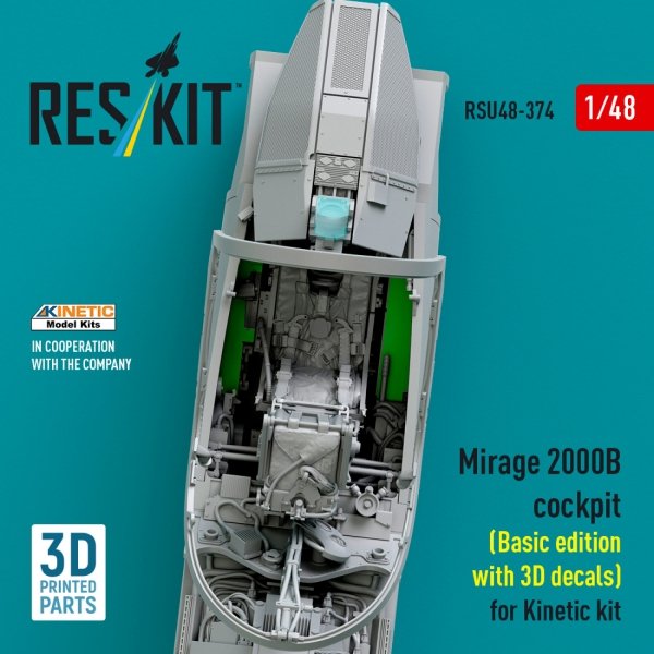 RESKIT RSU48-0374 Mirage 2000B cockpit (Basic edition with 3D decals) for Kinetic kit (3D Printed) (1/48)