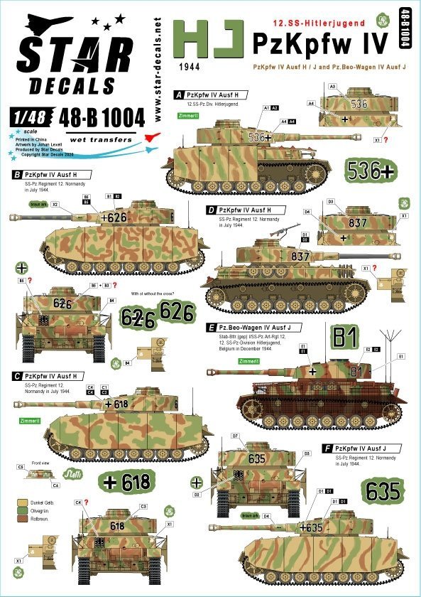 Star Decals 48-B1004 HJ PzKpfw IV. 12. SS-Hitlerjugend PzKpfw IV in France and Belgium 1944 1/48