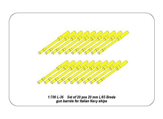 Aber 1:700L-037 Set of 20 pcs 20 mm L/65 Breda gun barrels for Italian Navy ships 1/700