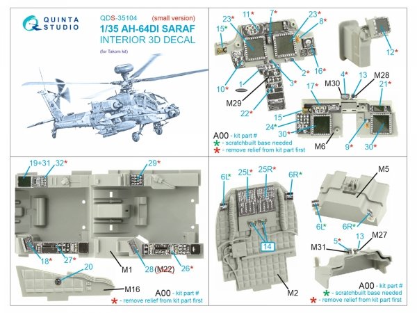 Quinta Studio QDS35104 AH-64DI Saraf 3D-Printed &amp; coloured Interior on decal paper (Takom) (Small version) 1/35