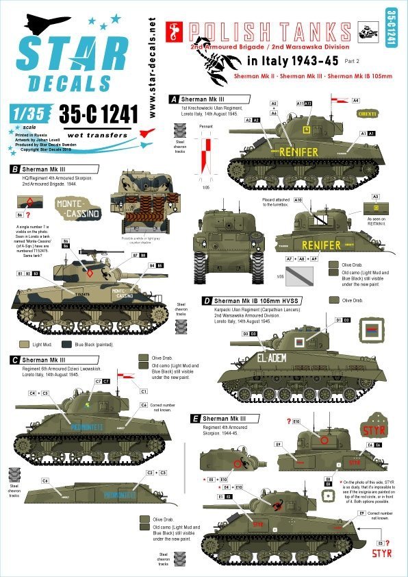 Star Decals 35-C1241 Polish Tanks in Italy 1943-45 # 2 1/35