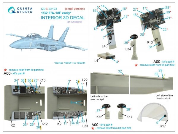 Quinta Studio QDS32123 F/A-18F early 3D-Printed &amp; coloured Interior on decal paper (Trumpeter) (Small version) 1/32