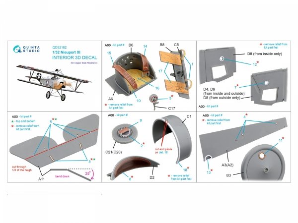 Quinta Studio QD32182 Nieuport XI 3D-Printed &amp; coloured Interior on decal paper (CSM) 1/32