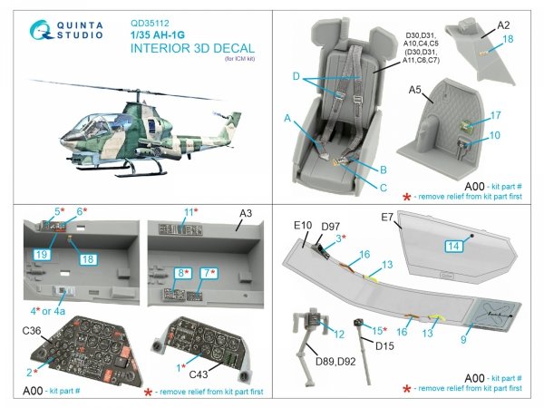 Quinta Studio QD35112 AH-1G Cobra 3D-Printed &amp; coloured Interior on decal paper (ICM) 1/35