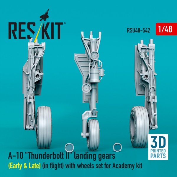 RESKIT RSU48-0542 A-10 "Thunderbolt II" landing gears (Early &amp; Late) (in flight) with wheels set for Academy kit (3D Printed) 1/48