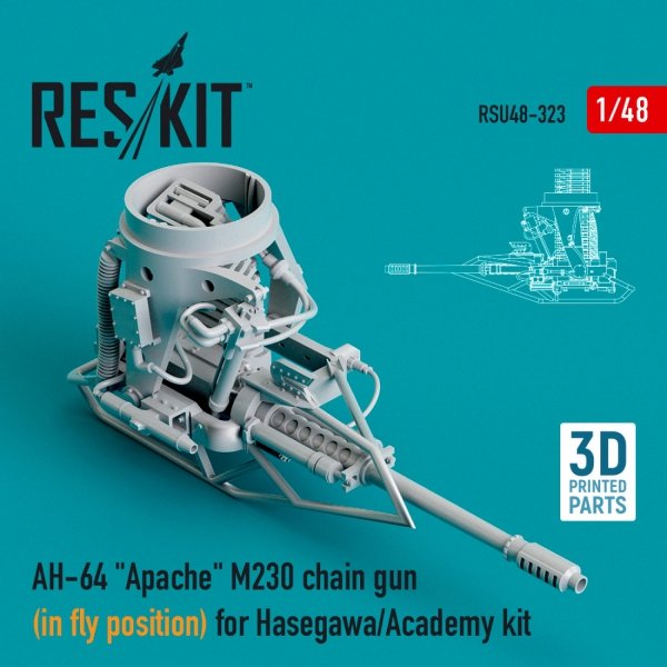 RESKIT RSU48-0323 AH-64 &quot;APACHE&quot; M230 CHAIN GUN (IN FLY POSITION) FOR HASEGAWA/ACADEMY KIT (3D PRINTED) 1/48