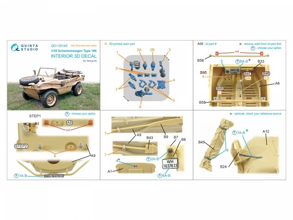 Quinta Studio QD+35145 Schwimmwagen Type 166 3D-Printed &amp; coloured Interior on decal paper (Tamiya) (with 3D-printed resin parts) 1/35