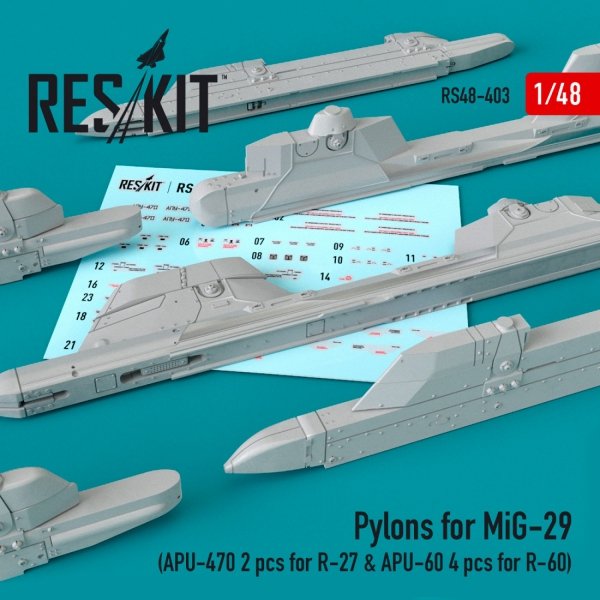 RESKIT RS48-0403 PYLONS FOR MIG-29 (APU-470 2 PCS FOR R-27 &amp; APU-60 4 PCS FOR R-60) 1/48